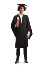 Full length portrait of a male african american student wearing a graduation gown and holding a diploma