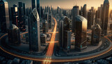 Fototapeta Miasto - Futuristic city with skyscrapers and roads. Generative AI