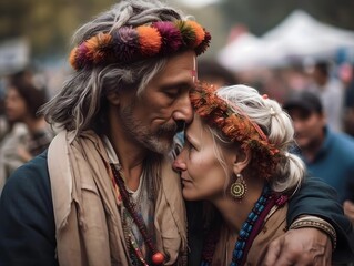 Wall Mural - Couple in love on a music festival, crowd in the background, kissing and hugging