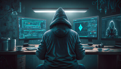 Poster - Hacker sitting in front of computer screens and looking at the camera， Generative AI