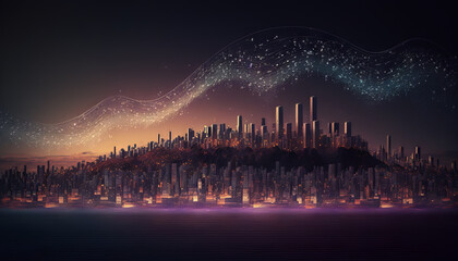 Fototapete - Futuristic city landscape with glowing lines. Generative AI