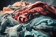 © masharinkaphotos - Pile of dirty used clothes, cloth recycling, fabric scraps, old clothing and textiles. Generative AI