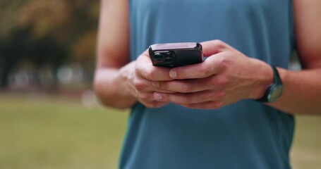 Poster - Phone, hands or park man typing on app ui, check email or surfing internet, social media website or online search. Communication, mobile smartphone or nature person texting, message or contact user