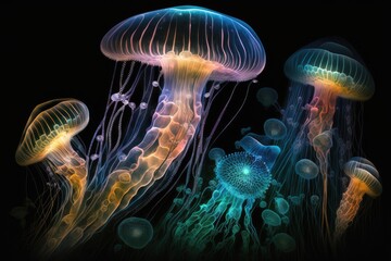 Wall Mural - glowing sea jellyfishes on dark background. ai generative