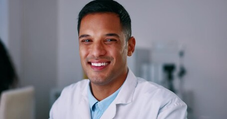 Poster - Scientist, happy man in laboratory and face with smile, medical research and innovation with science study and pathology. Portrait, male doctor and scientific experiment with healthcare professional