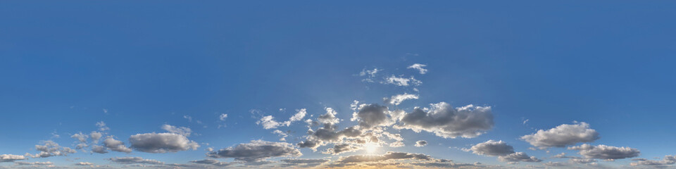 sunset sky with evening clouds as seamless hdri 360 panorama view with zenith in spherical equirecta