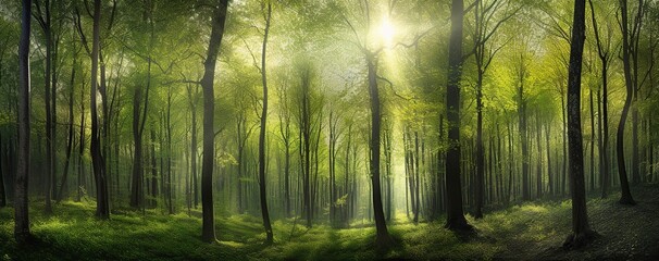 Green simmer forest. beauty of nature as the sun illuminates the vibrant green foliage of the forest. Generative AI