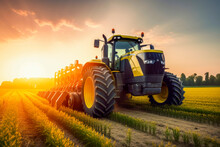 Yellow Tractor Driving Across A Large Field For Harvesting Crop In Countryside. Agricultural Vehicle Working At Sunset, Golden Hour. Farming, Agriculture, Agronomy And Soil Concept. Generative AI. .