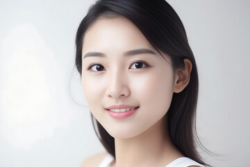 Long Hair Japanese Girl Teenager smiles at the Camera on White Background with studio light. generative AI