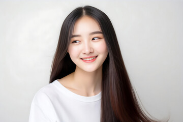 Poster - Long Hair Japanese Girl Teenager smiles at the Camera on White Background with studio light. generative AI