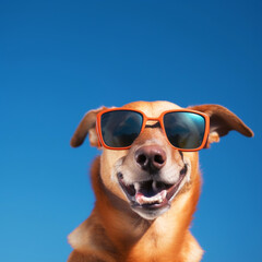 Canvas Print - Happy little dog with sunglasses under the blue sky