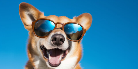 Canvas Print - Happy little dog with sunglasses under the blue sky