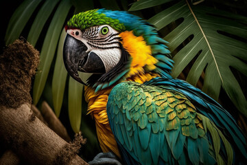 Colorful exotic jungle macaw parrot. Beautiful tropical rainforest wild and vivid vibrant colored bird close up macro. Ai generated