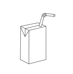 Wall Mural - Vector isolated one single cardboard juice or milk little box with plastic straw colorless black and white contour line easy drawing