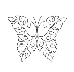 Wall Mural - Vector isolated one single symmetrical butterfly with monstera leaves wings colorless black and white contour line easy drawing