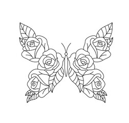 Wall Mural - Vector isolated one single symmetrical floral roses beautiful butterfly  colorless black and white contour line easy drawing