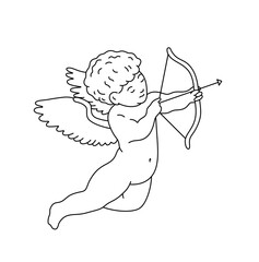 Wall Mural - vector isolated one single flying cupid shooting an arrow side view colorless black and white contou