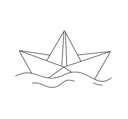 Wall Mural - Vector isolated one single origami paper boat floating in water colorless black and white contour line easy drawing