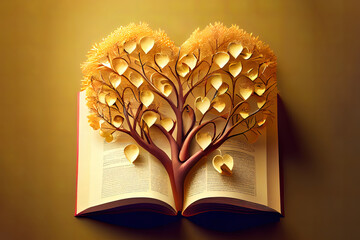 Wall Mural - Golden tree with heart shaped fruits growing from the old book. Generative Ai