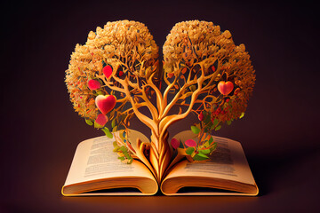 Wall Mural - Golden tree with heart shaped fruits growing from the old book. Generative Ai