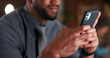 Poster - Businessman, hands and phone at night for social media, communication or chatting at the office. Hand of happy man working late texting on mobile smartphone app with smile for networking at workplace