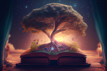 Wall Mural - Abstract opened book with oak tree on the top. Generative Ai