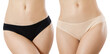 © ladyalex - Types of panties. Front view. Closeup Women set of different beige black underwear with blank template mockup background. Place for copy space. Female health concept hygiene. Hair removal. Banner