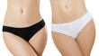 © ladyalex - Black white types of panties. Front view. Closeup Women set of different underwear with blank template mockup background. Place for copy space. Female health concept hygiene. Hair removal. Banner