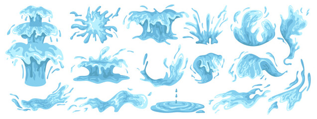 Aufkleber - Splashes and sprinkles of water, isolated set of plashing liquid. Rain puddle or washing of fluids, fountain waves. Vector in flat cartoon illustration