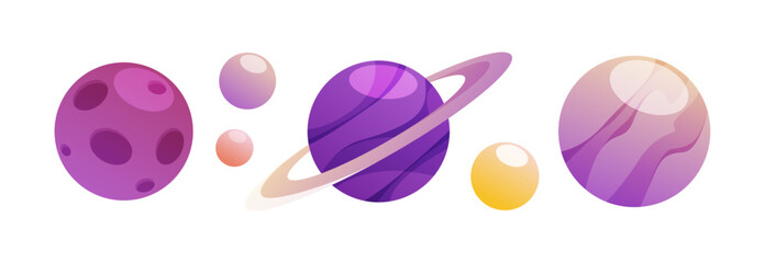 Poster - Planets and asteroids, isolated celestial bodies in row. Globe and spheres from galaxy or universe. Metaverse environment. Vector in flat cartoon illustration