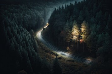 Wall Mural - Aerial photo of forest, road and light trails from car. Drone view