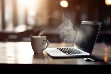 Poster - Business Cafe: Laptop and Coffee Cup on Table with Blurred Background and Copy Space for Coffee Shop