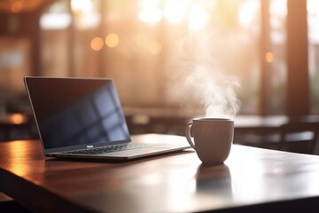 Poster - Business Cafe: Laptop and Coffee Cup on Table with Blurred Background and Copy Space for Coffee Shop