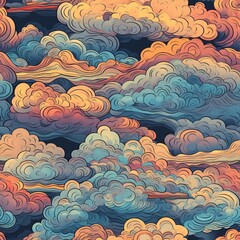 Seamless pattern of magnificent and realistic calming clouds, in beautiful colors that are welcoming, sunny, and bright. AI generation