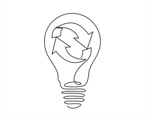 Aufkleber - Continuous One  line drawing of light bulb with arrows in a circle inside. Concept of eco, Internet communications, marketing, Public Relations, technology, idea, mind.