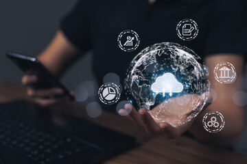 Poster - The cloud is shown in the hand of a businessman. cloud technology storage The concept of networks and internet services. Cloud-based big data downloads