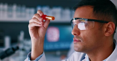 Poster - Science, sample and experiment with a doctor man in a laboratory for innovation or research. Medical, study and analysis with a male scientist working in a lab for breakthrough or development