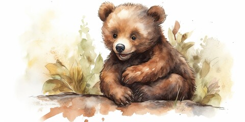 Wall Mural - Whimsical watercolor playful baby  bear cub generative AI art