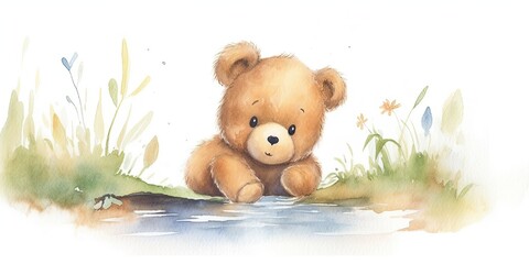 Wall Mural - Whimsical watercolor playful baby bear cub generative AI art