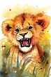 Whimsical watercolor playful baby lion cub  generative AI art