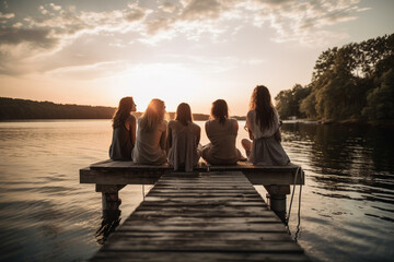 A group of women friends are sitting by the lake at sunset. generative AI