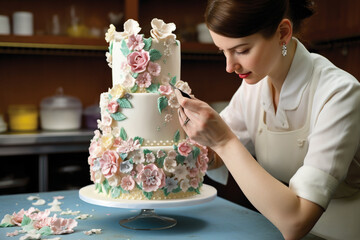 Woman confectioner decorates a big festive white cake. Generative AI