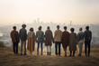 © xartproduction - A group of people standing in a line and holding hands on a hill against the backdrop of the city. Generative AI