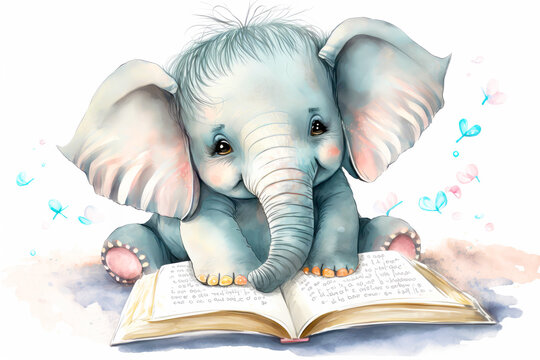 Baby elephant reading a book. Cute watercolor illustration for nursery print. Pastel colors fashion elephant with books, illustration for nursery decor, cozy mood. World Book Day. Generative AI