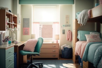 modern student bedroom interior. office desk for study and bed. generative ai