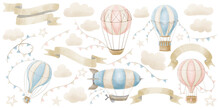 Hot Air Balloons With Airships And Garlands. Hand Drawn Watercolor Set Of Illustrations For Babu Shower Greeting Cards Or Invitations On Isolated Backgrounds. Vintage Pastel Aircrafts For Clipart.