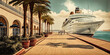 Pier, promenade and moored cruise ship. Abstract illustration with people, cruise passengers.