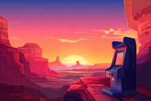 Landscape With Arcade Machine, Mountains And Sunset In The Background, Retro Video Game, 80's. Generative AI