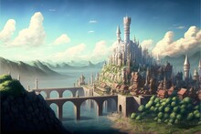 Massive Sprawling Kingdom Distant White Castle Huge Town Full Of Buildings Roads Bridges Stone Buildings Medieval Architecture Fantasy Childrens Book Style Colorful Intricately Detailed 