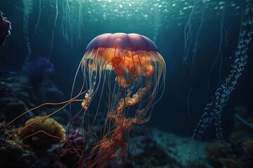 Wall Mural - Landscape with jellyfish under the sea, marine life concept. Generative AI